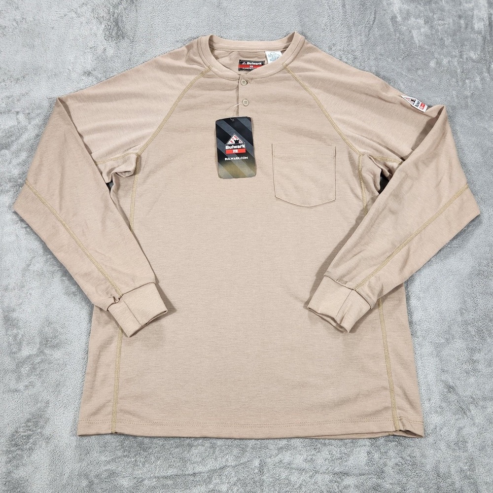 Bulwark FR Shirt Mens Medium Beige Henley Flame Resistant CAT 2 2112 Workwear